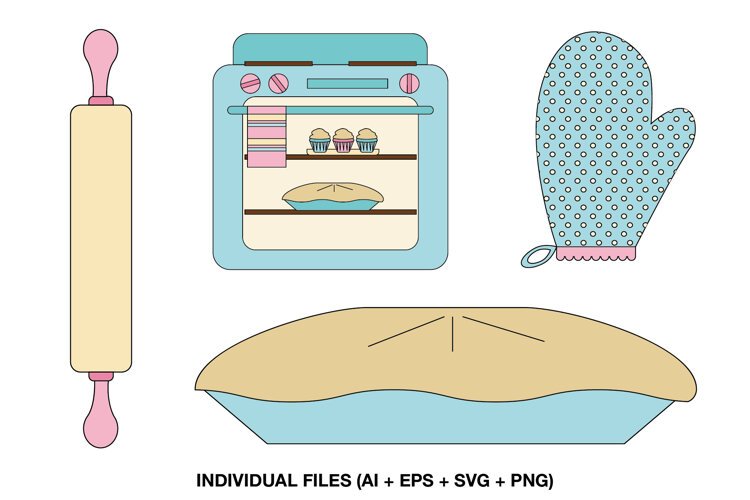 Four baking clipart illustrations with oven rolling pin pie and oven mitt