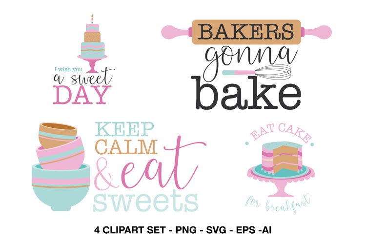 Four baking quote clipart designs with cakes, mixing bowls and playful kitchen sayings