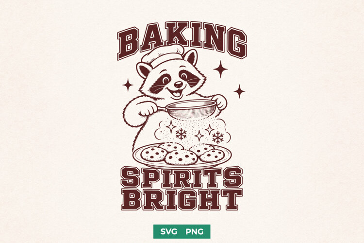 Baking Spirits Bright SVG PNG, Christmas Raccoon Baking example image 1