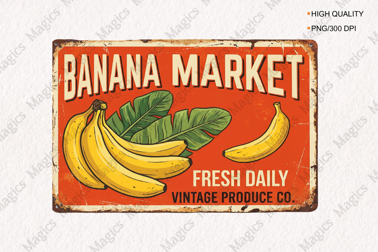 Banana Market Retro Produce Sign PNG, Vintage Fruit Market