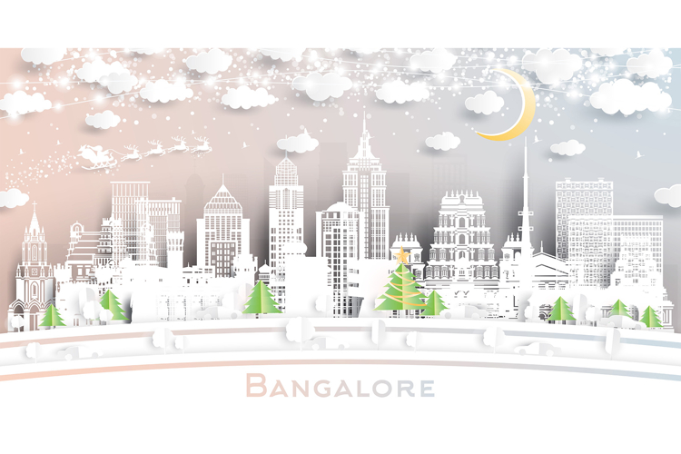 Bangalore. India. Winter city skyline in paper cut style.