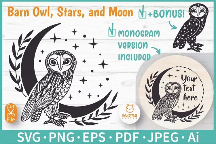Barn Owl With Moon And Stars SVG| Boho Wall Decor Cut File