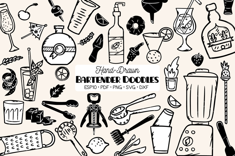 Bartender Doodles | Hand Drawn Bar tending tools | Mixology