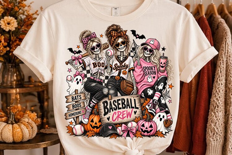 Halloween Baseball Crew Skeleton Girls PNG, Baseball Mom