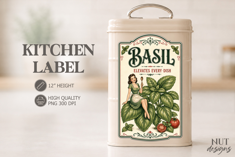 Vintage Basil Kitchen Label Pin up girl