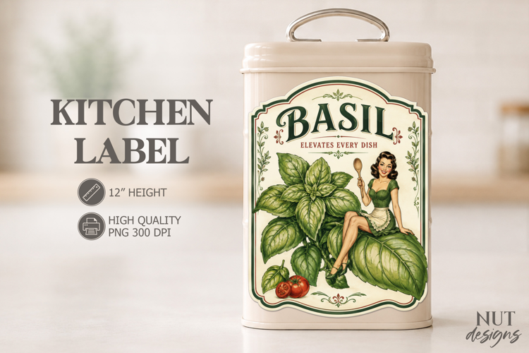 Vintage Basil Kitchen Label Pin up girl