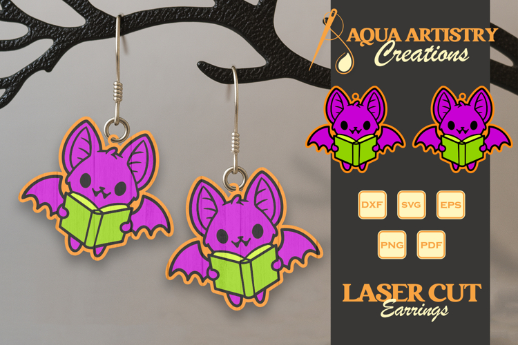 Bat Reading Book Halloween Earrings Laser Cut SVG Template