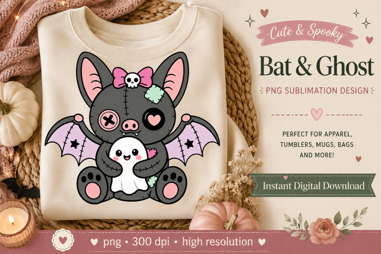 Cute Bat and Ghost PNG Sublimation Design | Spooky Halloween