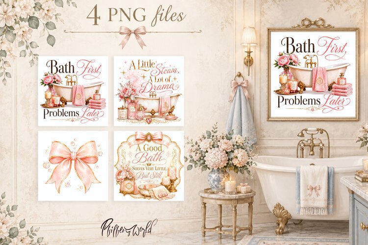 Coquette Bathroom Quotes PNG | Pink Vintage Bath Sublimation example image 1