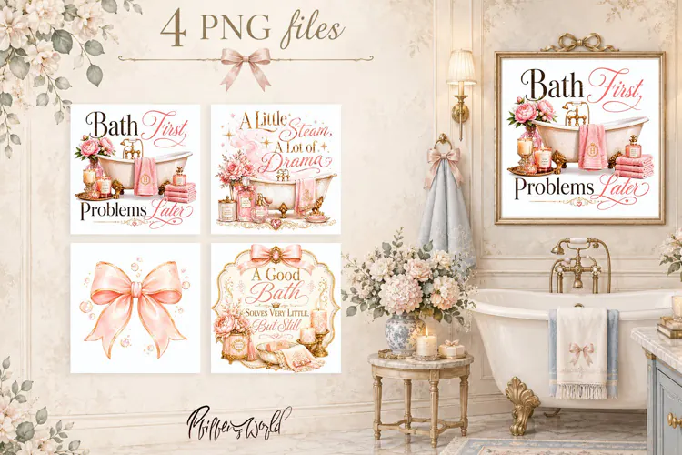 Coquette Bathroom Quotes PNG | Pink Vintage Bath Sublimation