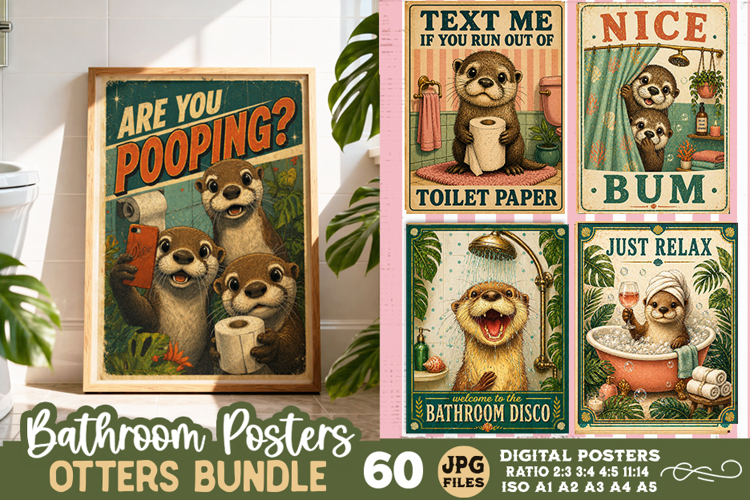 Bathroom funny otters posters, Retro 60 Posters JPG Bundle
