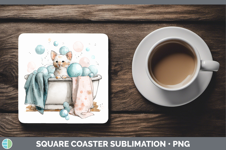 Kitten Bathtub Square Coaster Sublimation Design