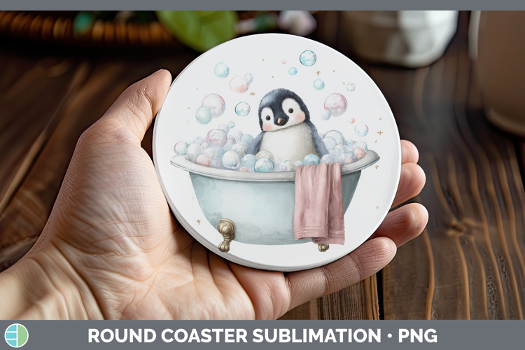 Penguin Bathtub Round Coaster Sublimation Design