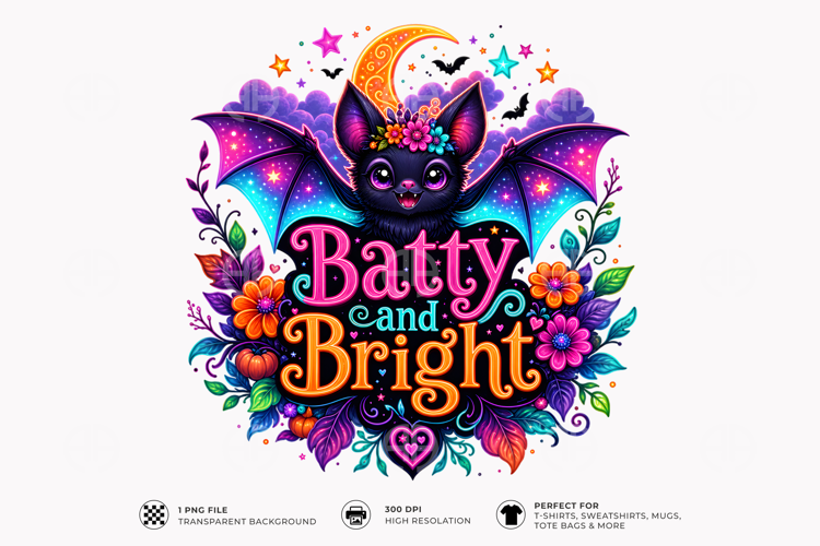 Batty And Bright Halloween PNG Sublimation T-Shirt Design