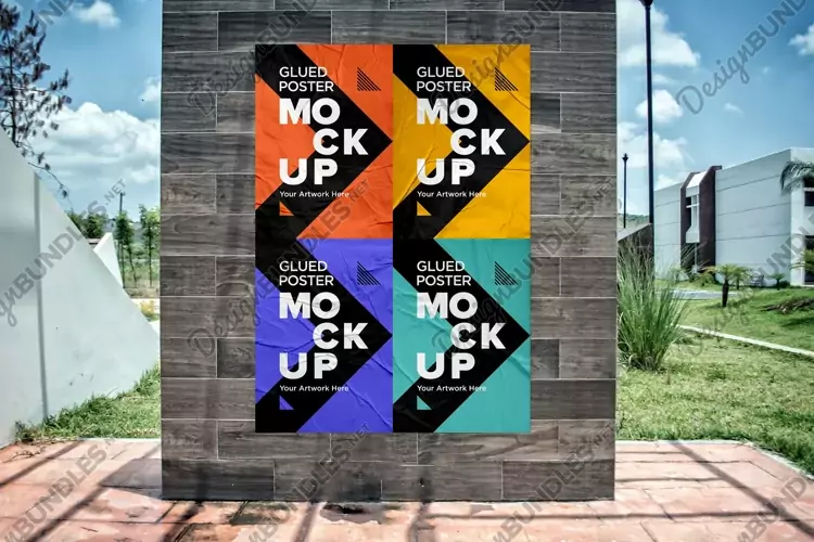 Poster Mockup with Glued, Wrinkled & Crumpled Paper Effect