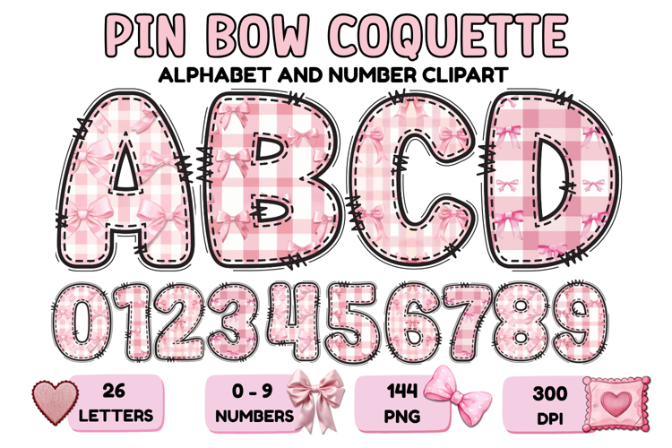 Coquette Bow Patchwork Alphabet PNG Letters & Numbers 300DPI