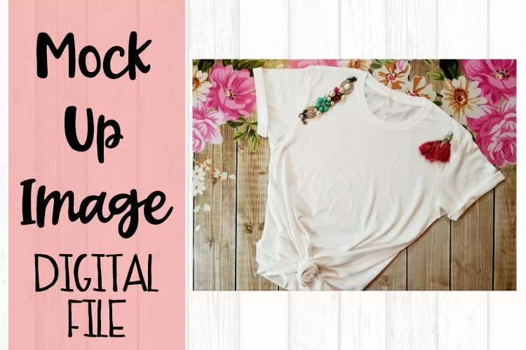 White Short Sleeve Tee Shirt on Pink Flowers Mock Up