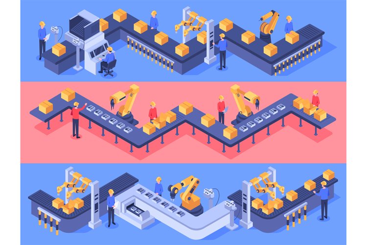 Isometric industrial factory automated line. Packaging conve
