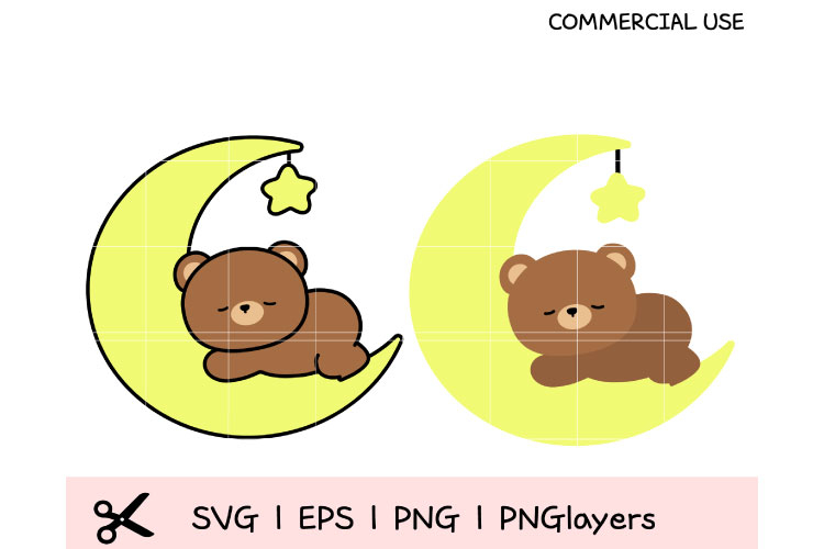 Cute Sleeping Teddy Bear on Moon SVG Bundle | Baby Shower &