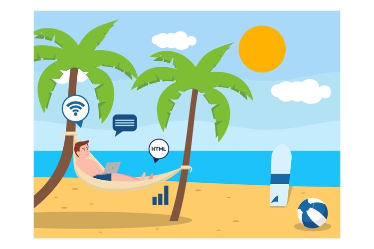 Digital nomad, the beach, hammocks flat design