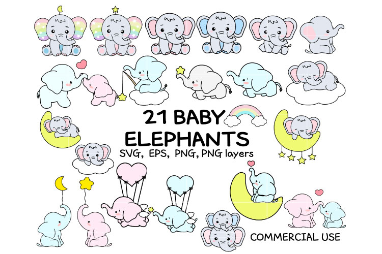 Baby Elephant Clipart Bundle | 21 Cute Nursery Animals SVG P