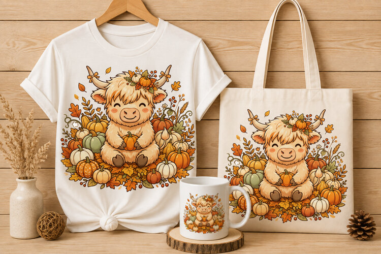 Cute Fluffy Highland Cow with Pumpkins Fall Art PNG example image 1