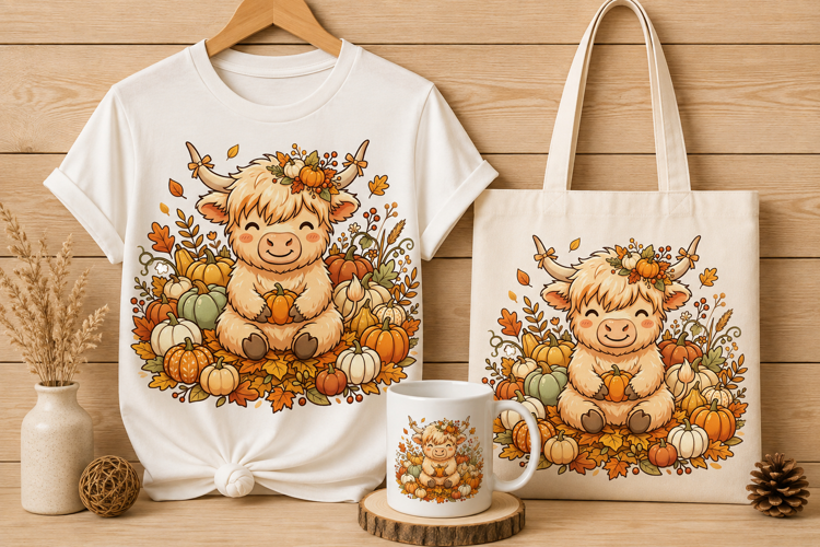 Cute Fluffy Highland Cow with Pumpkins Fall Art PNG