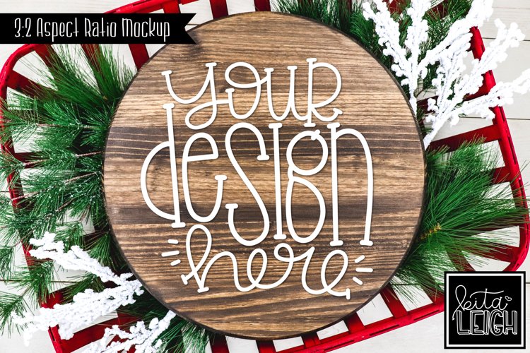 Wood Round Christmas Mockup with Snow | Stylized Photo example image 1