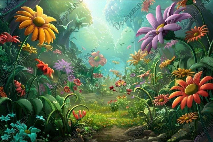 Pathway winding through lush forest filled with colorful flo