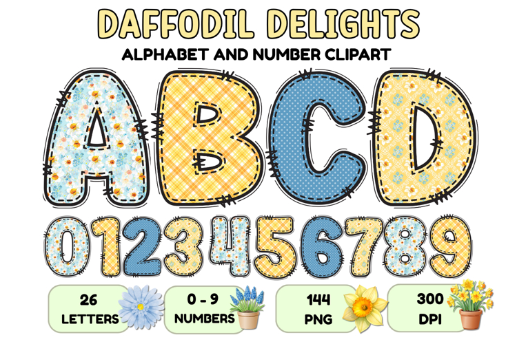 Daffodil Floral Patchwork Alphabet PNG Clipart 300 DPI