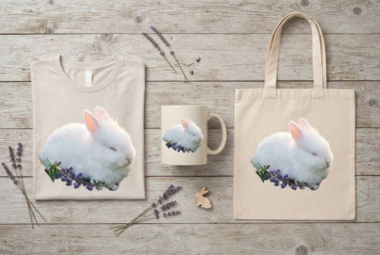 Fluffy White Bunny Sleeping Spring Flowers Photography example image 1