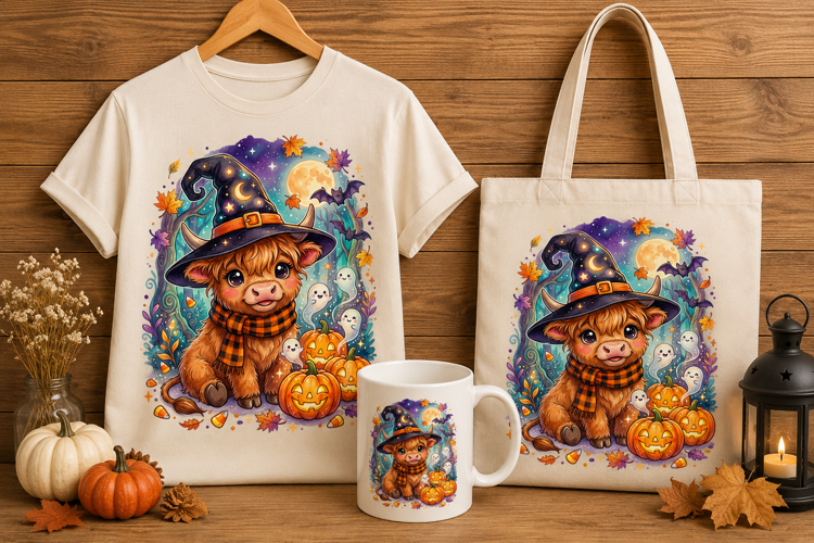Kawaii Witch Highland Cow Halloween Art Print Graphic