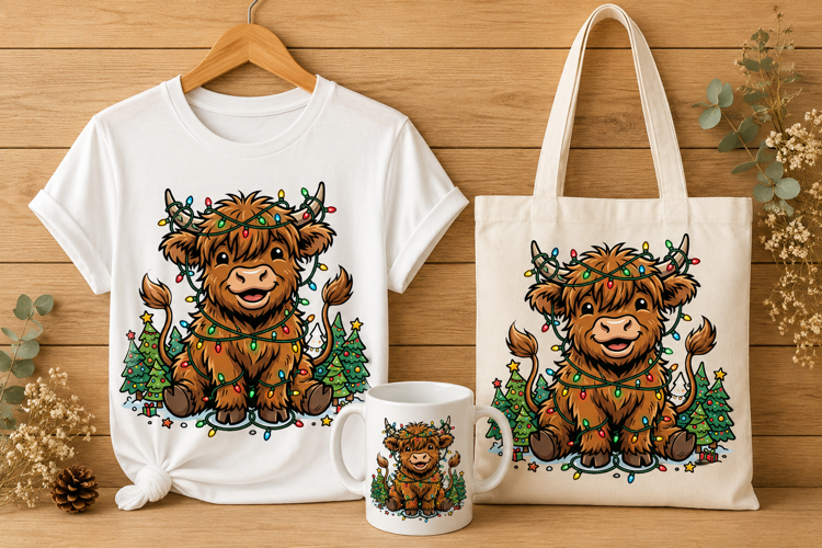 Highland Cow Tangled in Christmas Lights Art PNG