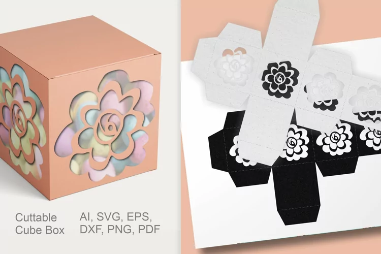 Cuttable Cube Gift Box with Flower Shape Holes SVG EPS AI