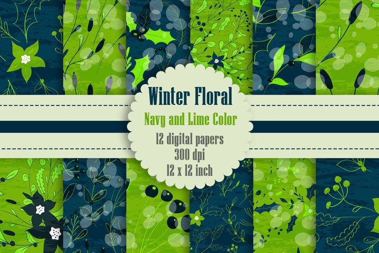 12 Winter Floral Digital Papers in Navy and Lime Color example image 1