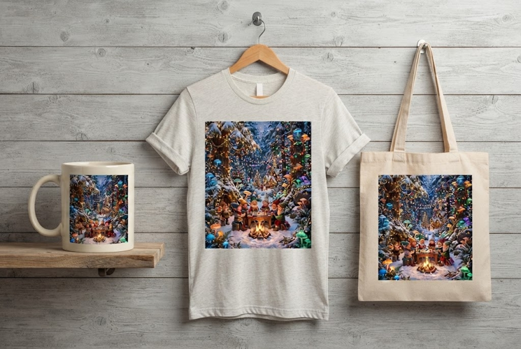 Magical Gnomes Playing Board Game in Snowy Mushroom Forest C