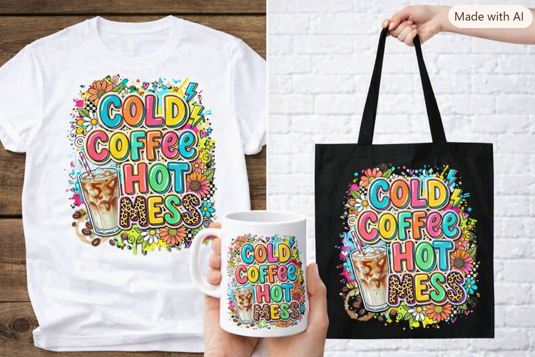 Cold Coffee Hot Mess PNG Sublimation Design for T-Shirts