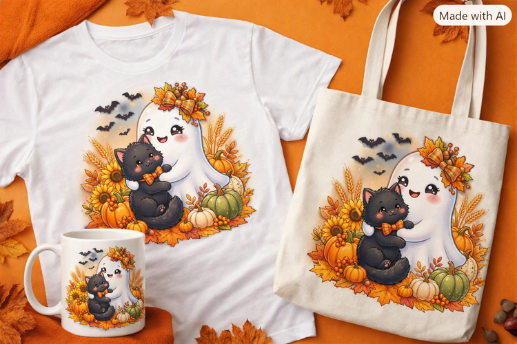 Cute Ghost   Black Cat PNG | Cozy Halloween Fall Clipart