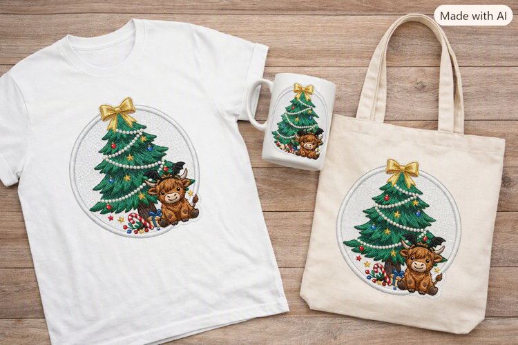 Embroidered Highland Cow Christmas Tree Bat Wings Print