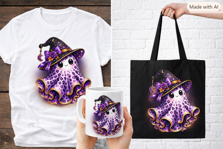 Purple Leopard Ghost Witch PNG, Cute Halloween Ghost Sublima