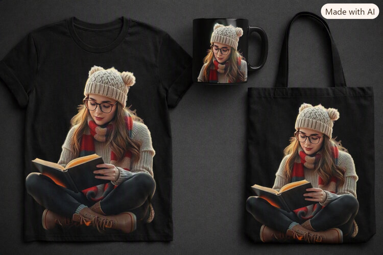 Cozy Winter Reading Girl PNG Book Lover Clipart Design example image 1