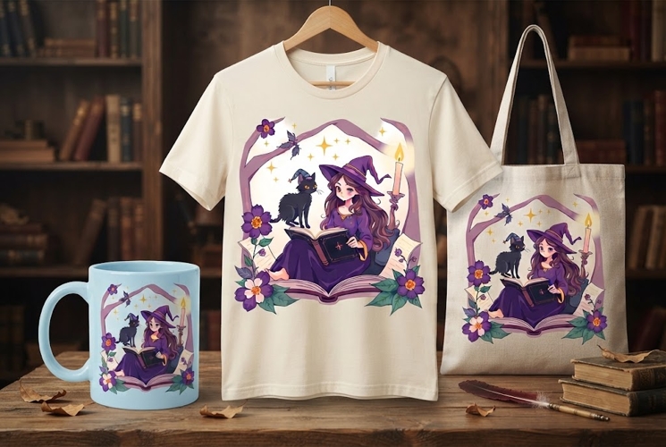 Witch Reading Book PNG | Cute Witch & Black Cat Clipart
