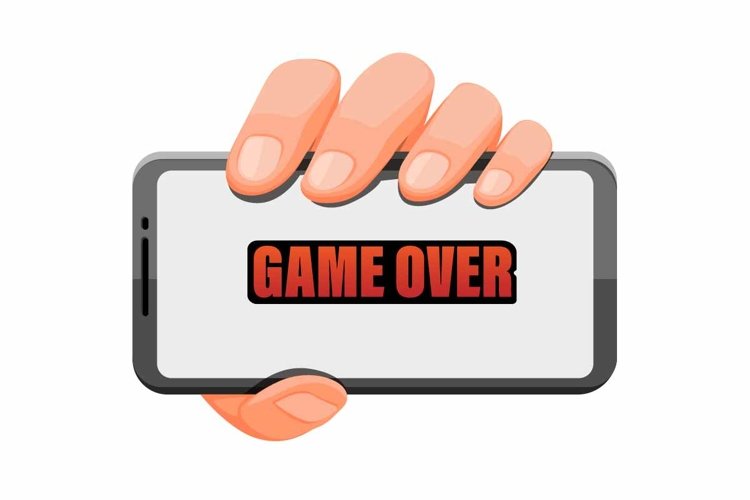 hand holding smartphone with game over symbol for gaming app example image 1