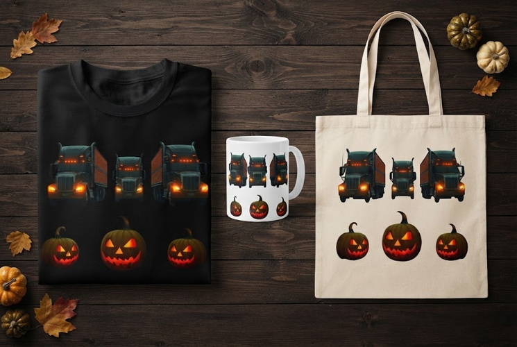 Semi Truck Convoy Halloween Design with Jack O Lanterns