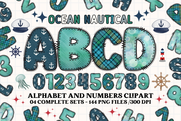 Ocean Nautical png alphabet, ocean nautical letters doodle