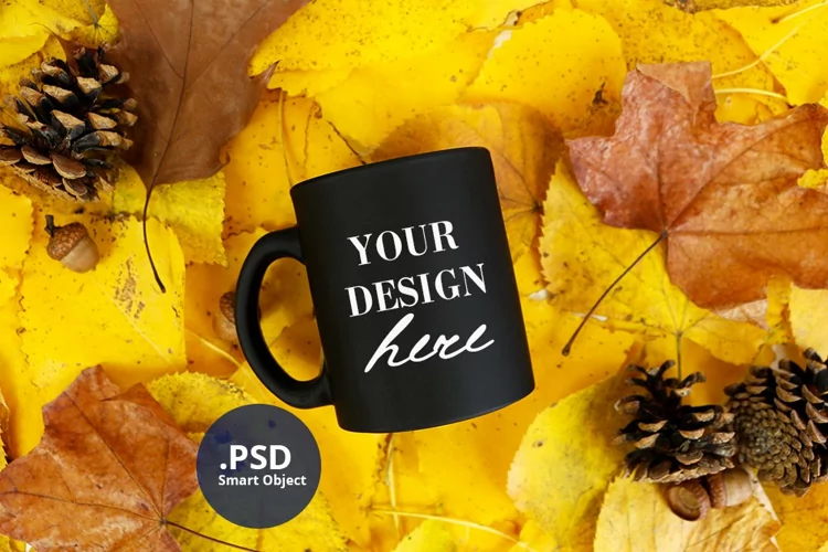 Fall Black mug mockup PSD, Autumn Black mug mock up