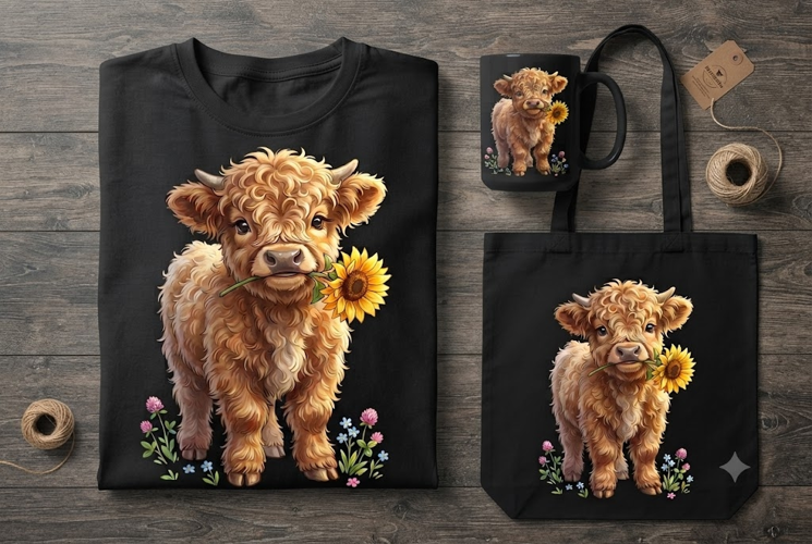 Highland Cow PNG with Sunflower Cute Fluffy Cow Clipart