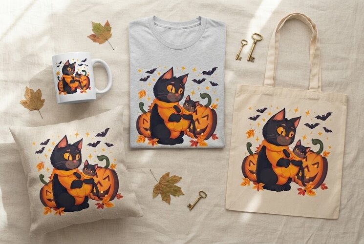 Halloween Black Cat Family PNG | Cute Cat Pumpkin Design example image 1