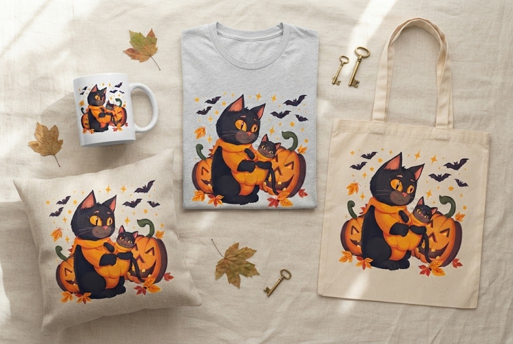 Halloween Black Cat Family PNG | Cute Cat Pumpkin Design