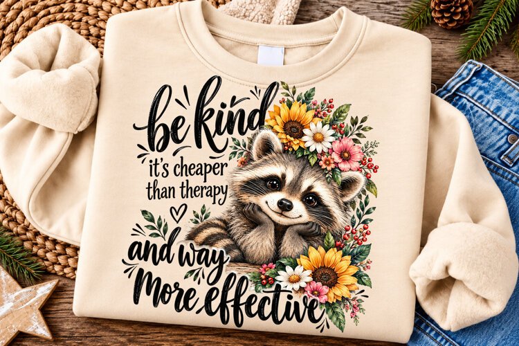 Be Kind It’s Cheaper Than Therapy PNG | Funny Raccoon Png example image 1